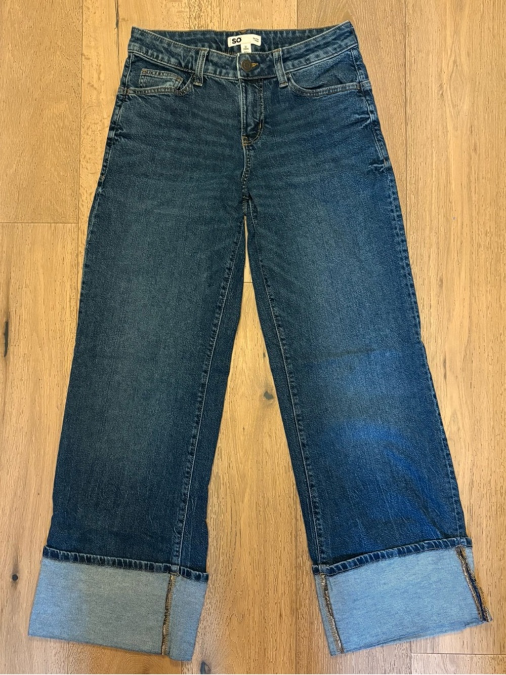 SO Brand High-Rise Wide Leg Cuffed Jeans in Dark Blue